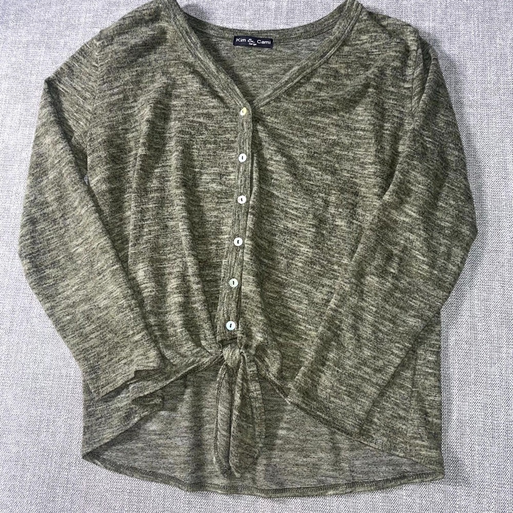 Kim & Cami Blouse Top Womens Large Olive Space Button Front Dye Front-Tie Detail